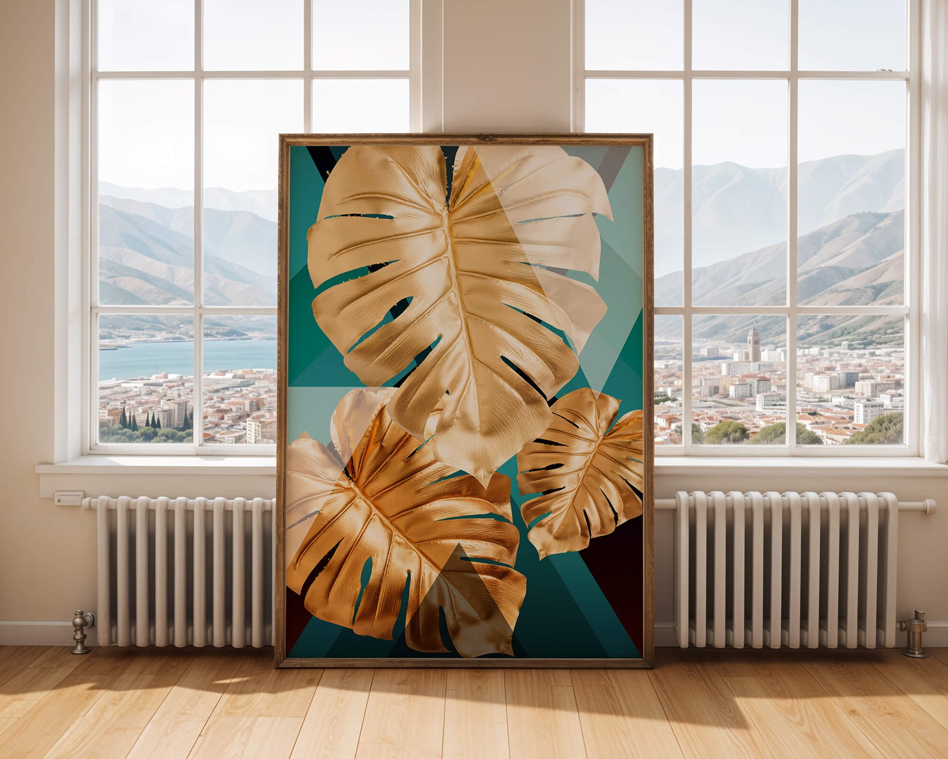 Hojas de monstera doradas sobre fondo geométrico