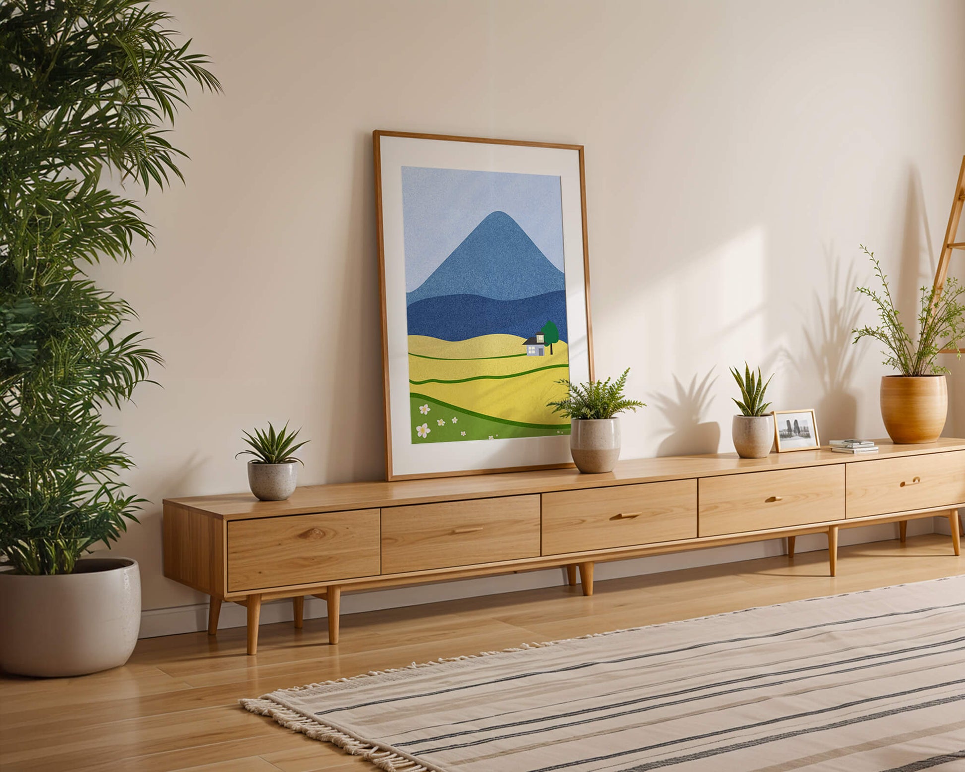 Serene Countryside Landscape with Mountain and Flowers