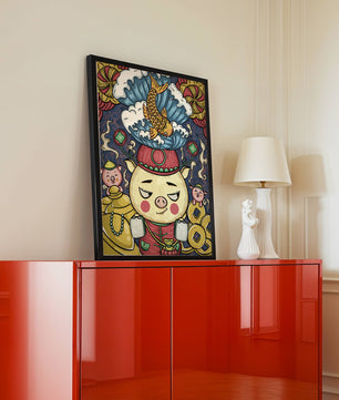 Colorful illustration featuring a whimsical pig and koi fish with decorative elements