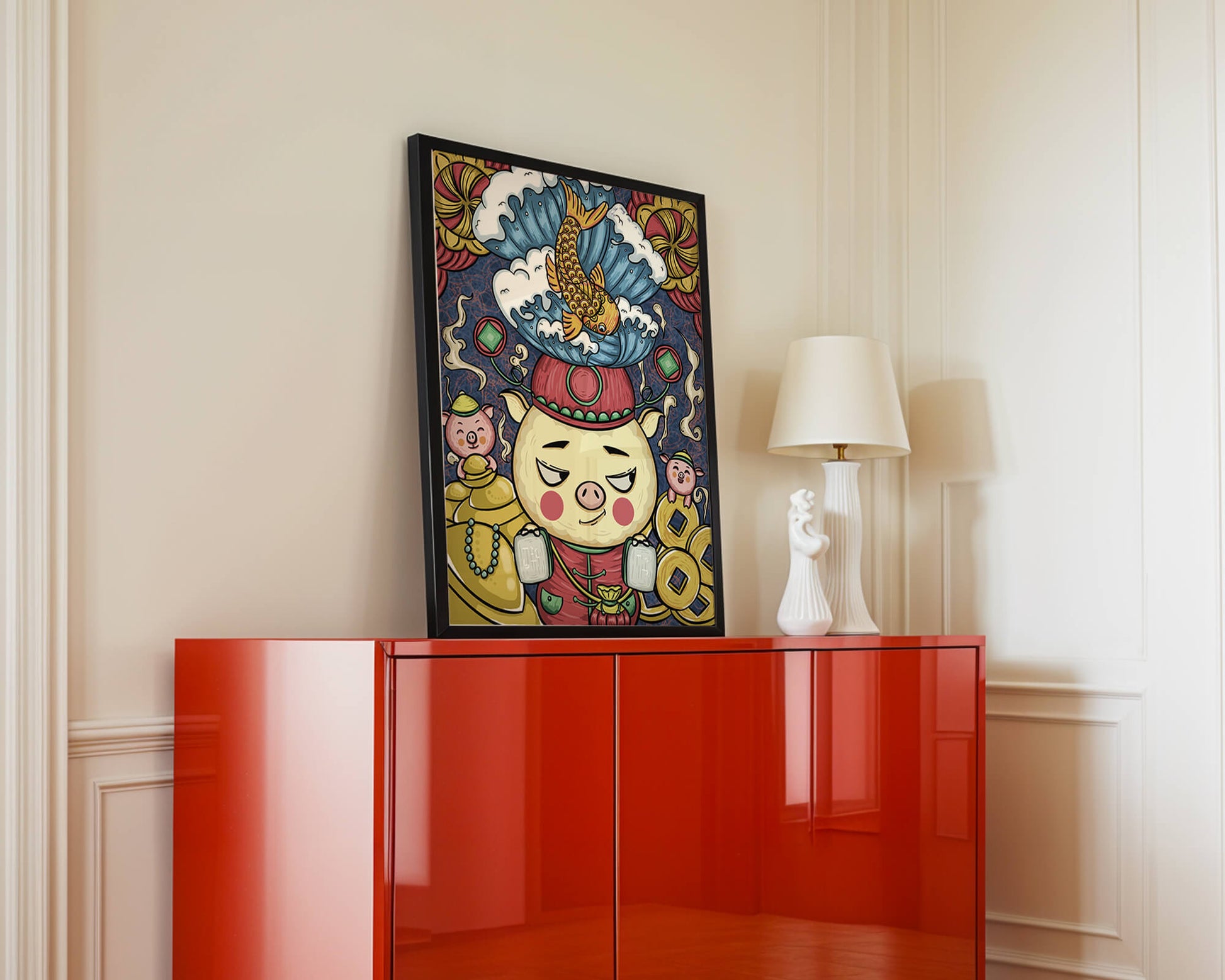Colorful illustration featuring a whimsical pig and koi fish with decorative elements