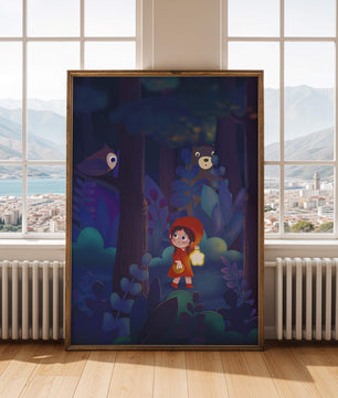 Little Girl in Red Hood Exploring Enchanted Forest at Night with Owl and Bear