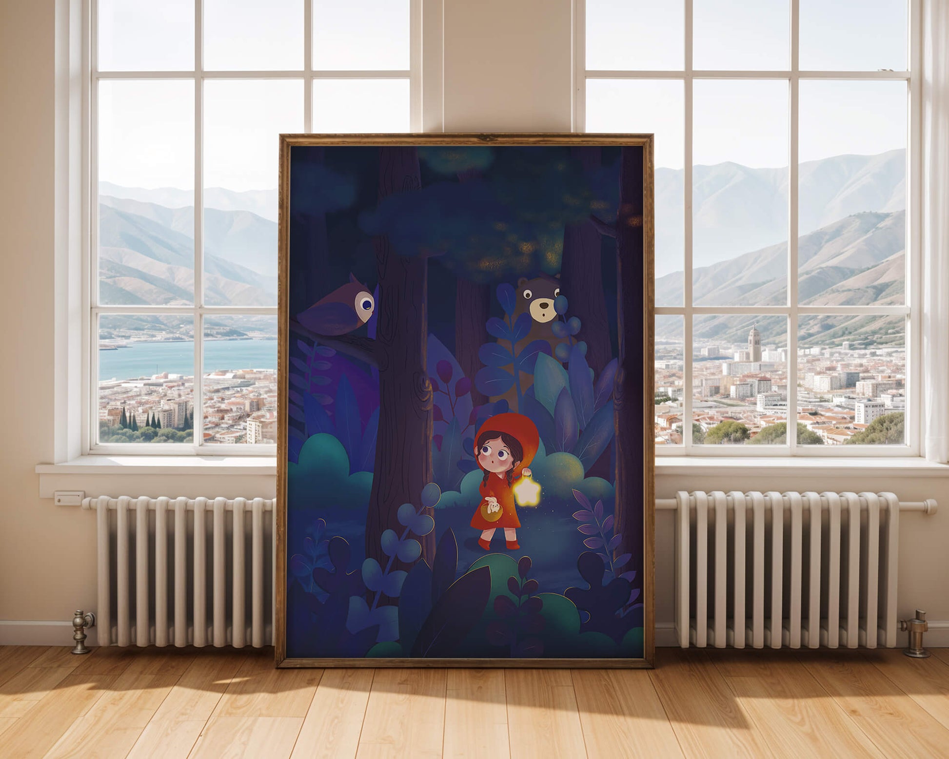 Little Girl in Red Hood Exploring Enchanted Forest at Night with Owl and Bear