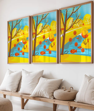 Paysage d'automne coloré avec rivière et arbres vibrants