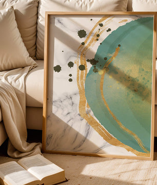Elegant abstract design with gold accents and teal hues