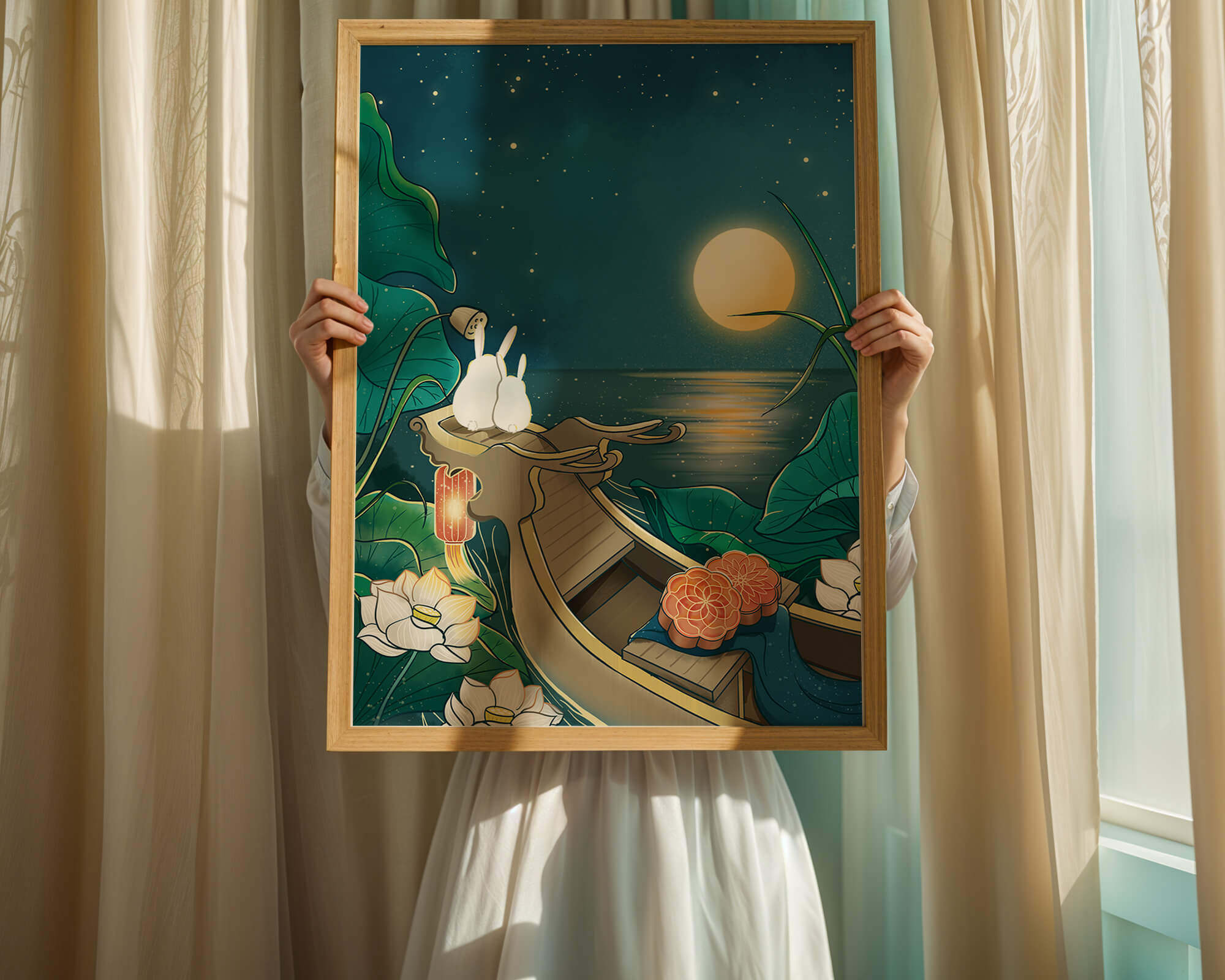 Serene illustration of rabbits gazing at a bright moon on a tranquil lake
