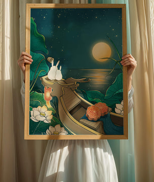 Ilustración serena de conejos contemplando una luna brillante sobre un lago tranquilo