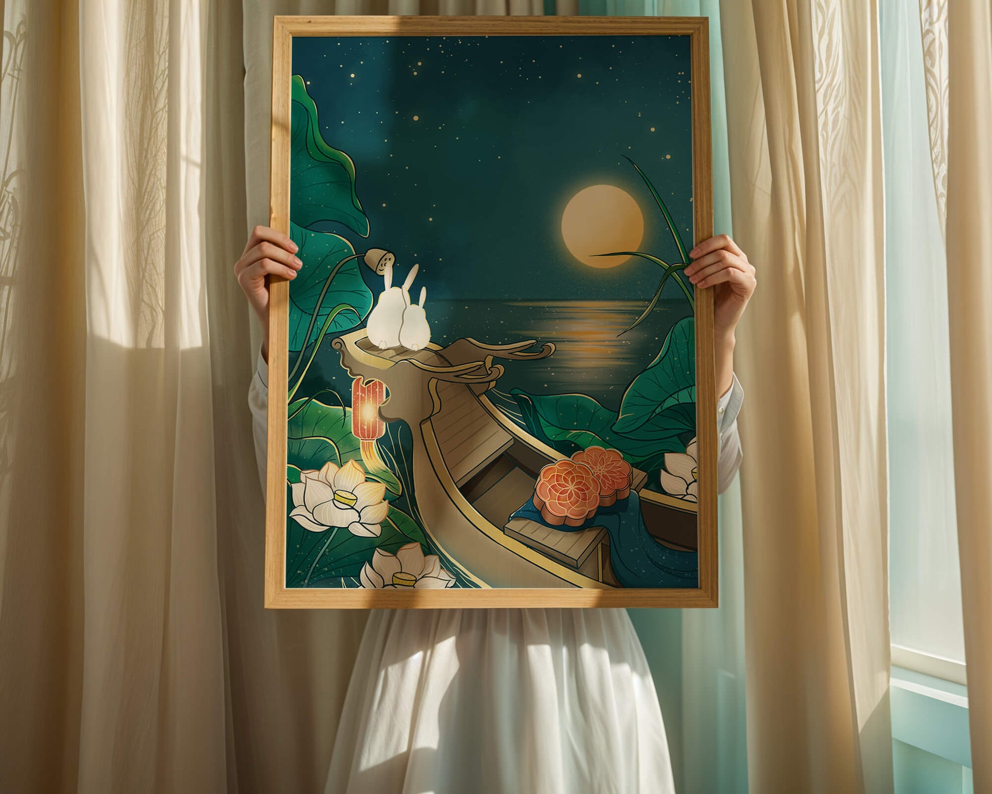 Serene illustration of rabbits gazing at a bright moon on a tranquil lake