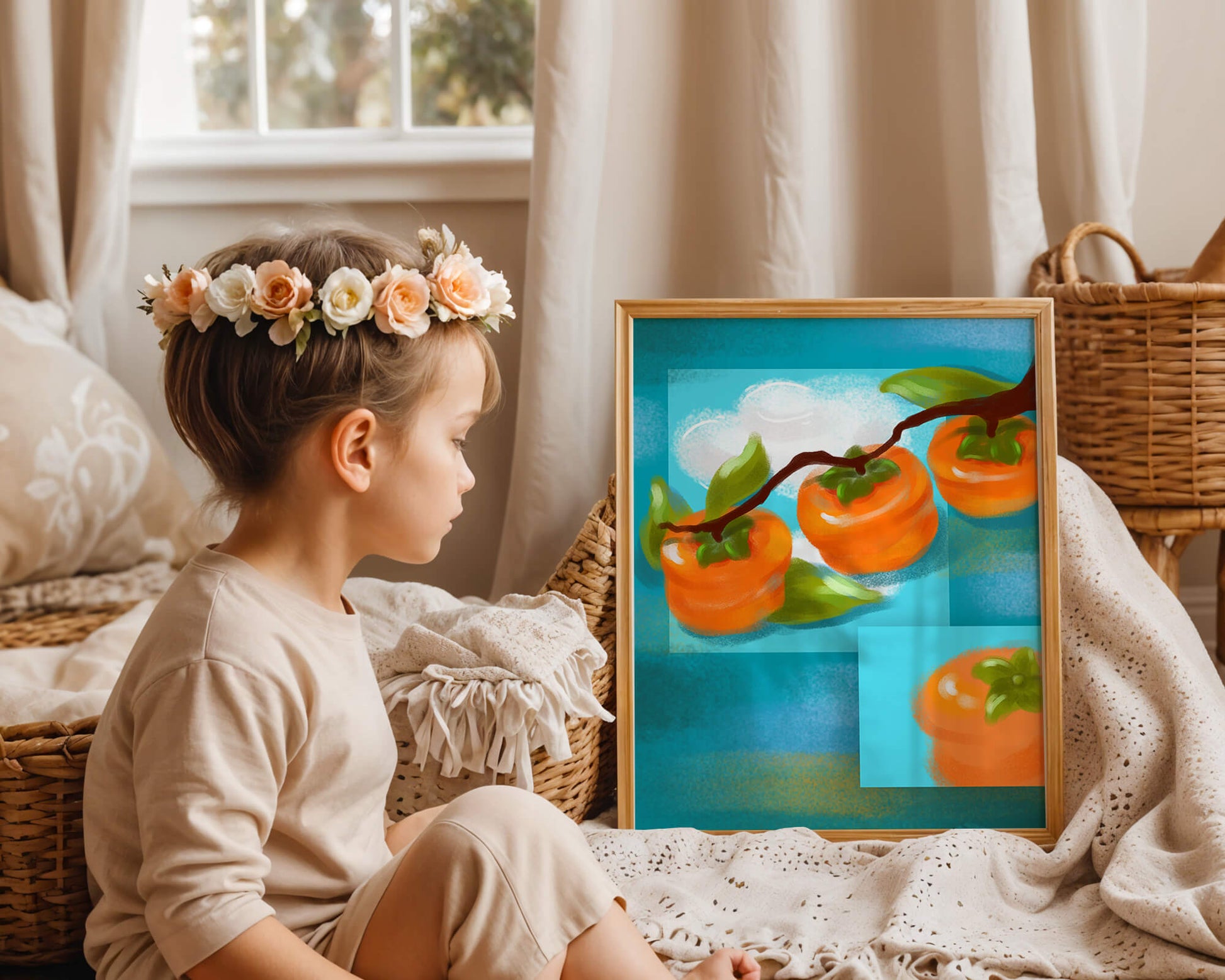 Vibrant persimmons on a branch with a blue background