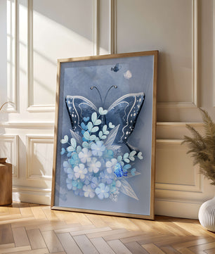 Floral and butterfly digital artwork in calming blue shades