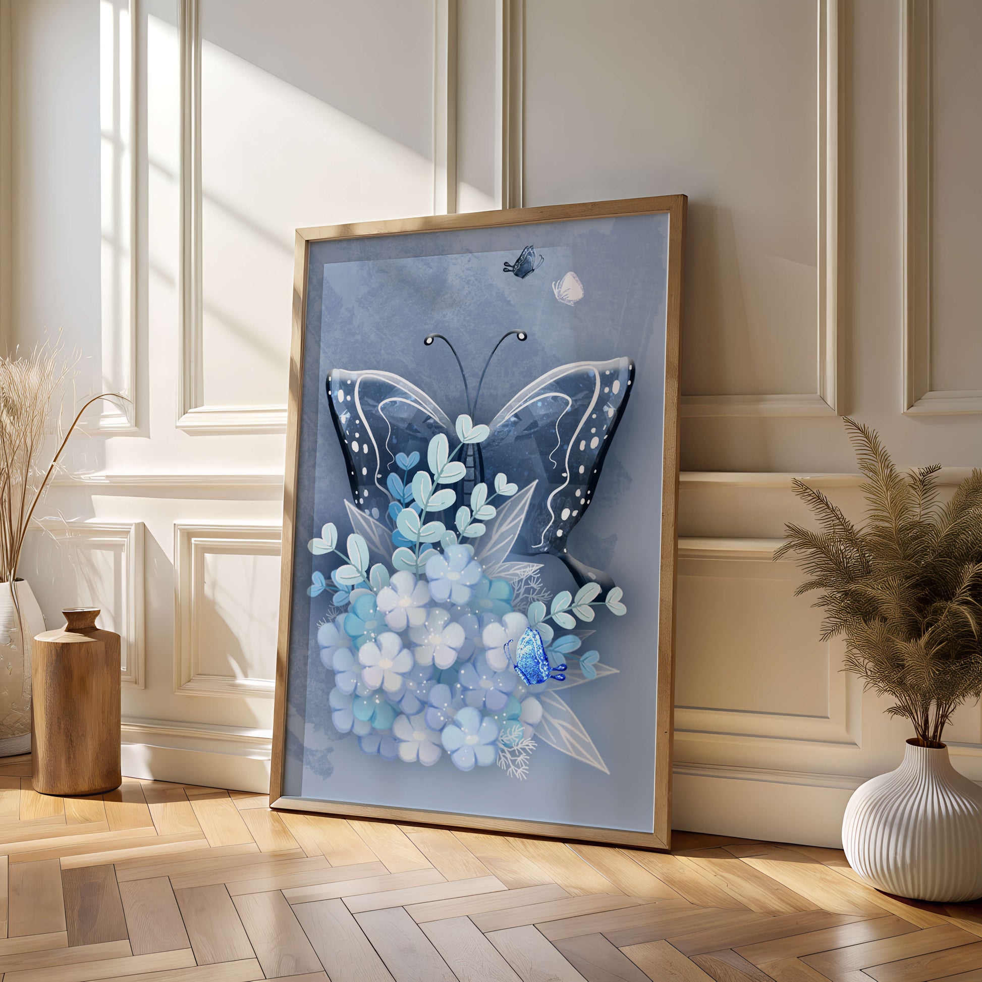 Floral and butterfly digital artwork in calming blue shades