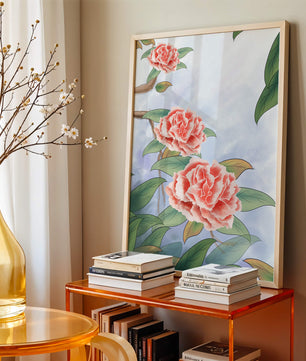 Illustrated pink carnations with green leaves in serene botanical art