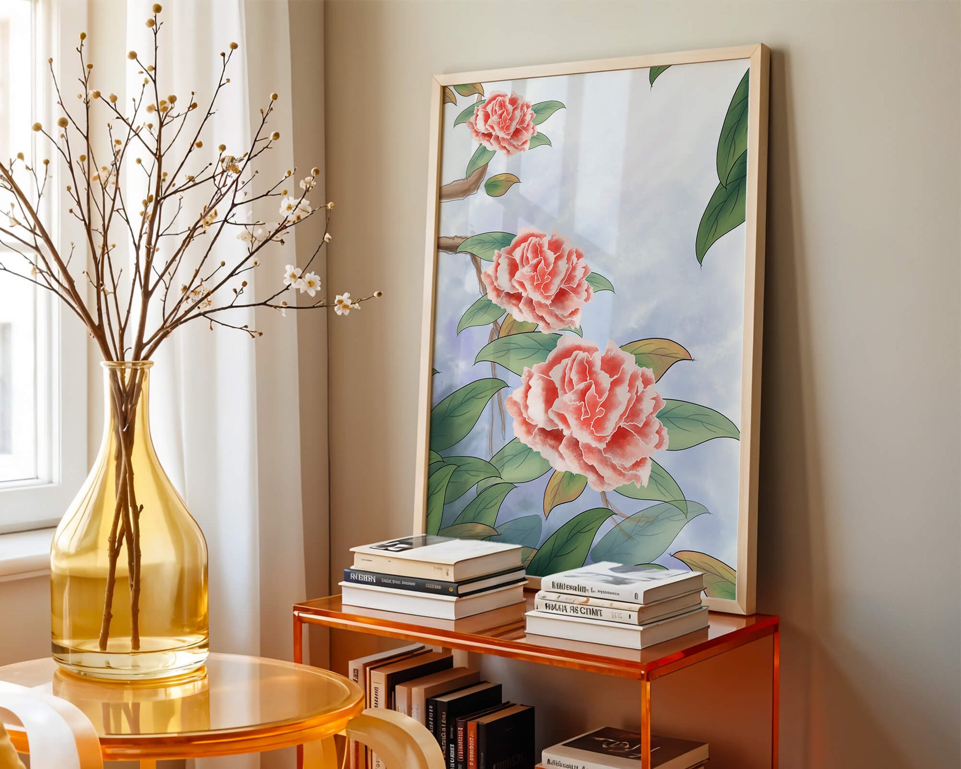 Illustrated pink carnations with green leaves in serene botanical art