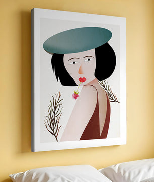 Mujer con sombrero azul y flor en estilo arte moderno
