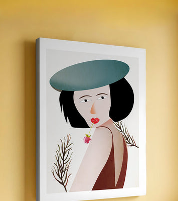 Woman with Blue Hat and Flower in Modern Art Style