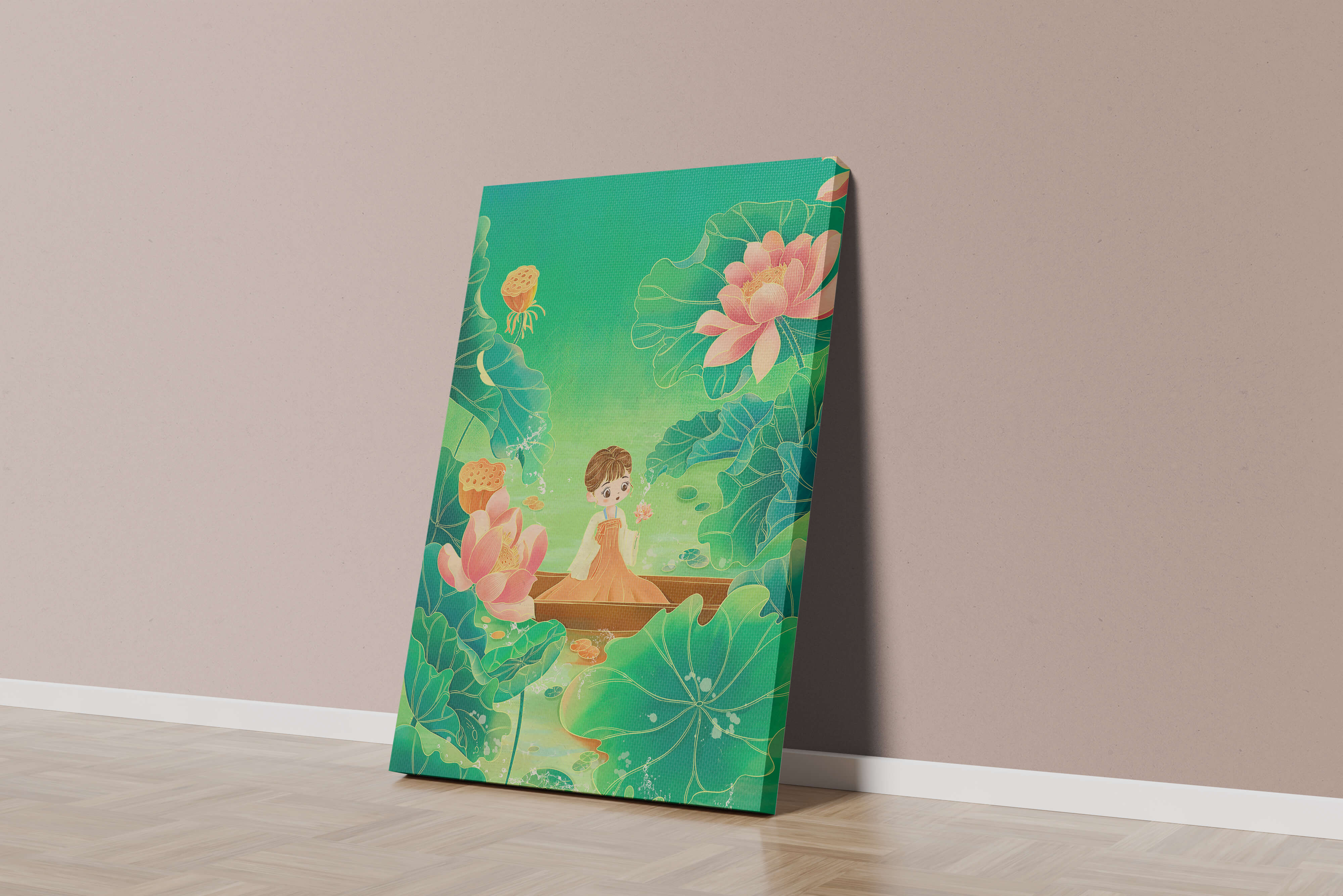 Serene illustration with girl among lotus flowers and green leaves