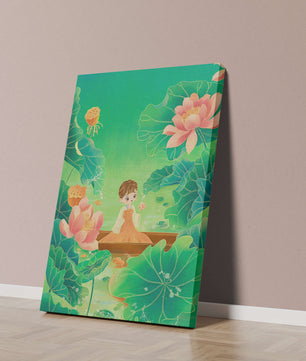 Serene illustration with girl among lotus flowers and green leaves