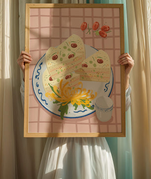 Illustration of layered cake on patterned plate with flowers and a cup