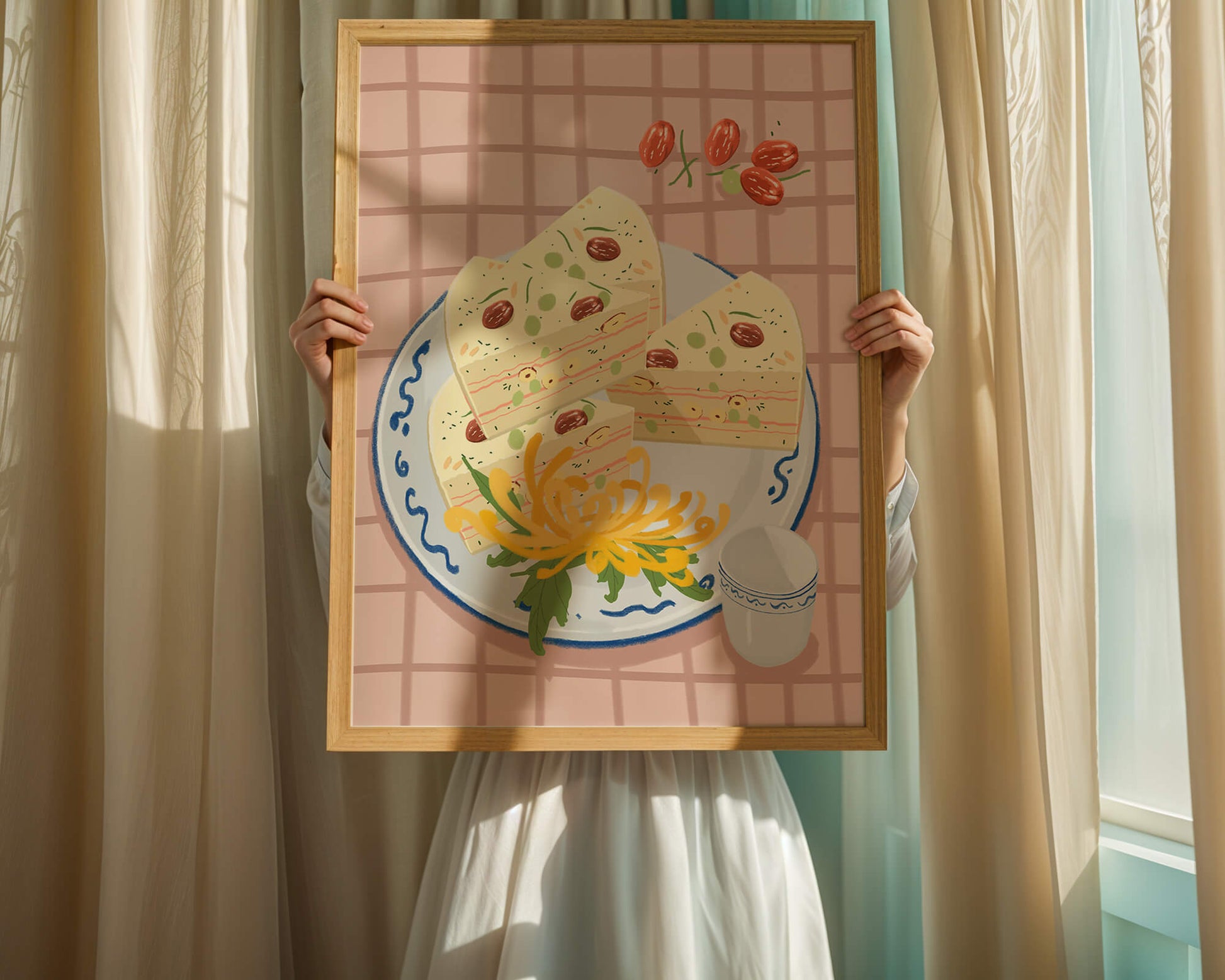 Illustration of layered cake on patterned plate with flowers and a cup