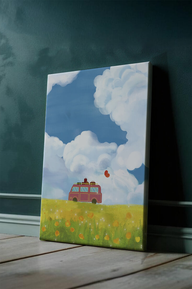 Colorful Van in a Vibrant Field with Balloons and Luggage