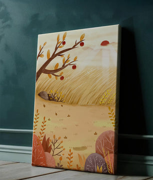 Autumn landscape illustration with apple tree and sunrise in a serene field