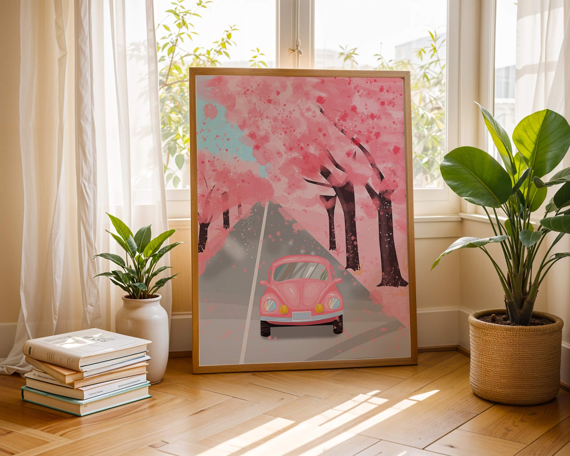 Pink vintage car on a cherry blossom road