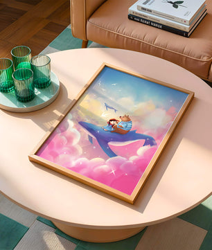 Fantasy illustration of girl and bear riding a whale through colorful clouds
