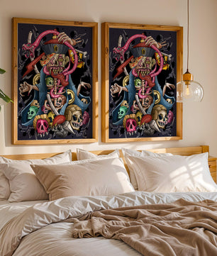 Colorful skeleton with skulls and snake illustration