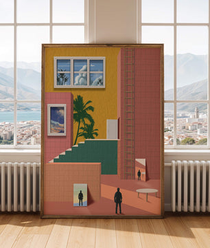 Surreale Architekturlandschaft mit tropischen Elementen und abstrakten Figuren
