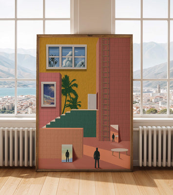 Surreal architectural landscape with tropical elements and abstract figures