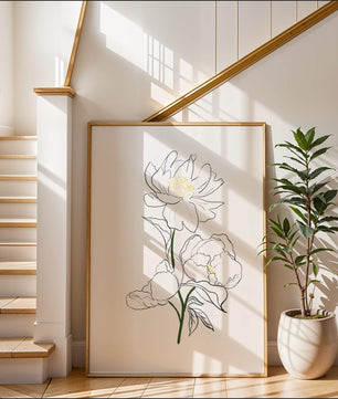 Elegante Pfingstrosen-Linienkunst mit goldenen Akzenten