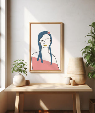 Abstract Portrait with Blue Hair and Floral Accent - Mi tienda
