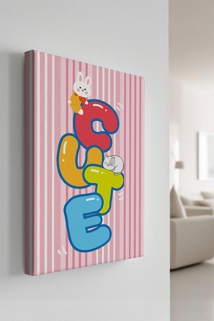 Playful cute illustration with bunny and kitten on colorful letters