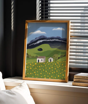 Sunny Landscape with Green Fields and Mountains