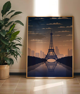 Vista escénica de la Torre Eiffel al anochecer con reflejo del horizonte urbano