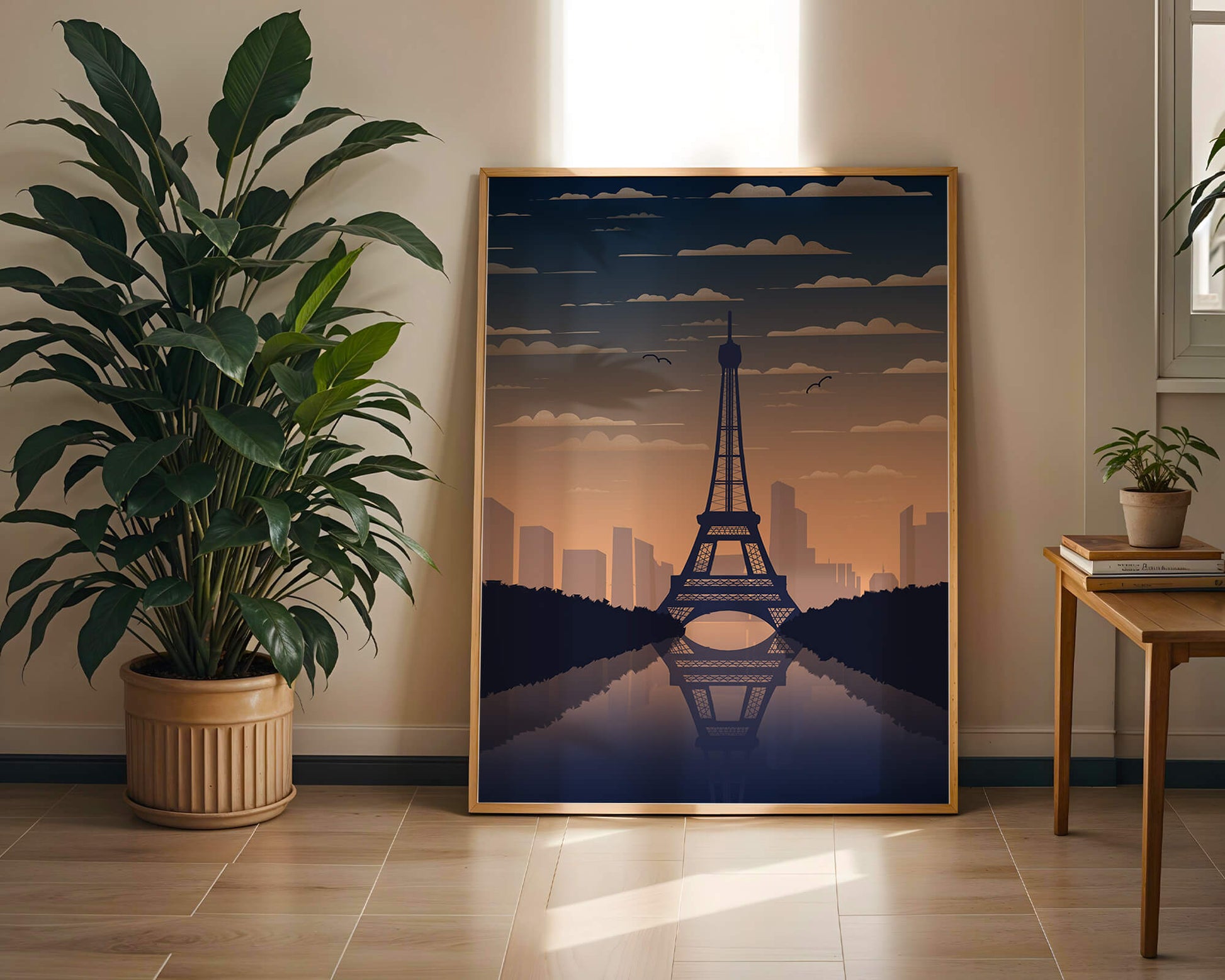 Scenic view of the Eiffel Tower at dusk with city skyline reflection