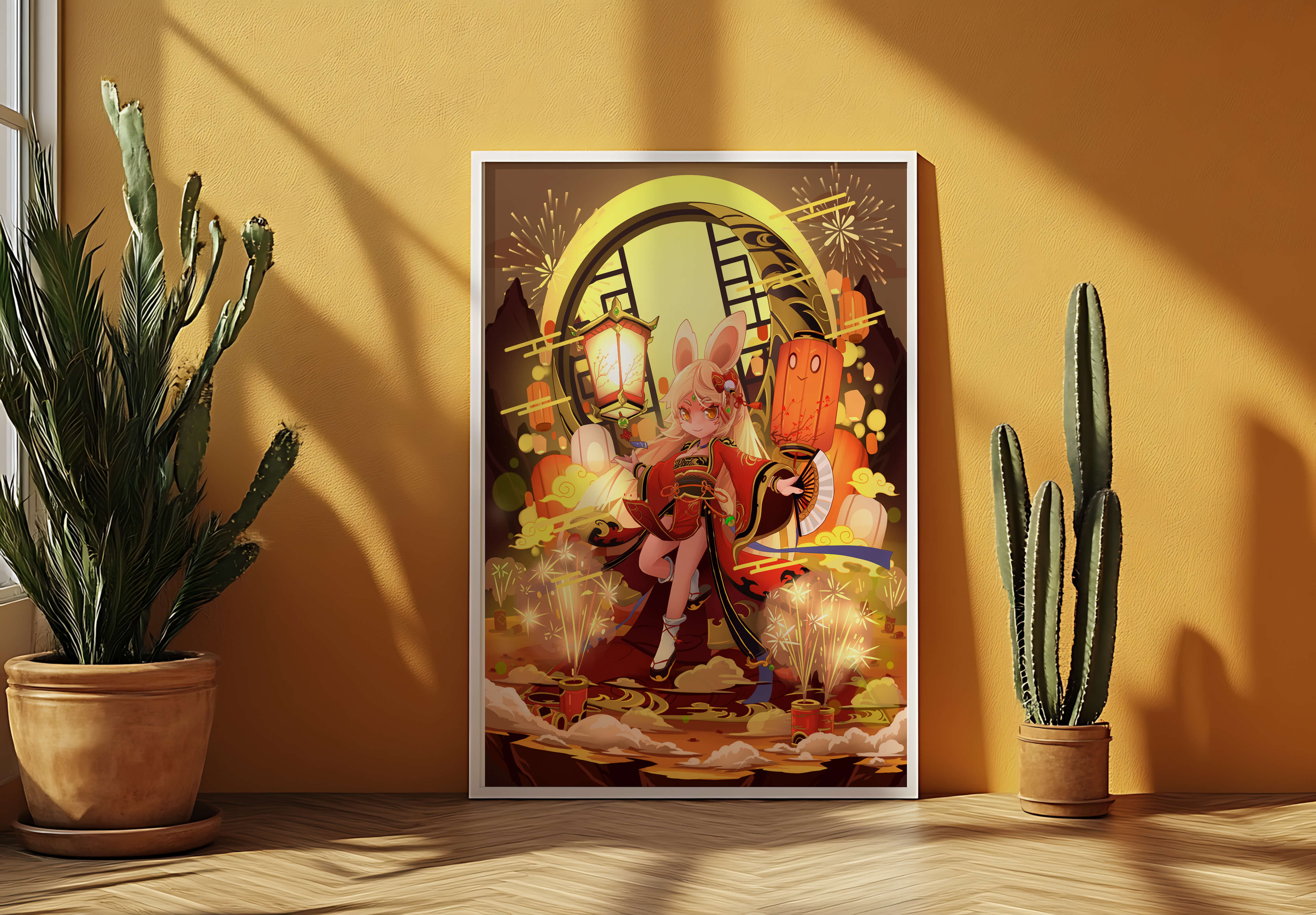 Festive celebration with a lantern-carrying character amidst fireworks and moonlight