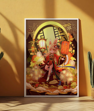 Festive celebration with a lantern-carrying character amidst fireworks and moonlight