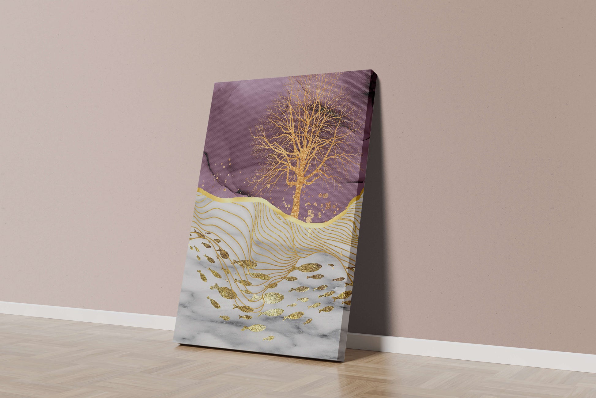 Abstract Tree with Gold Fish on Marble Background