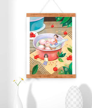 Charming illustration of children with dessert in a whimsical setting