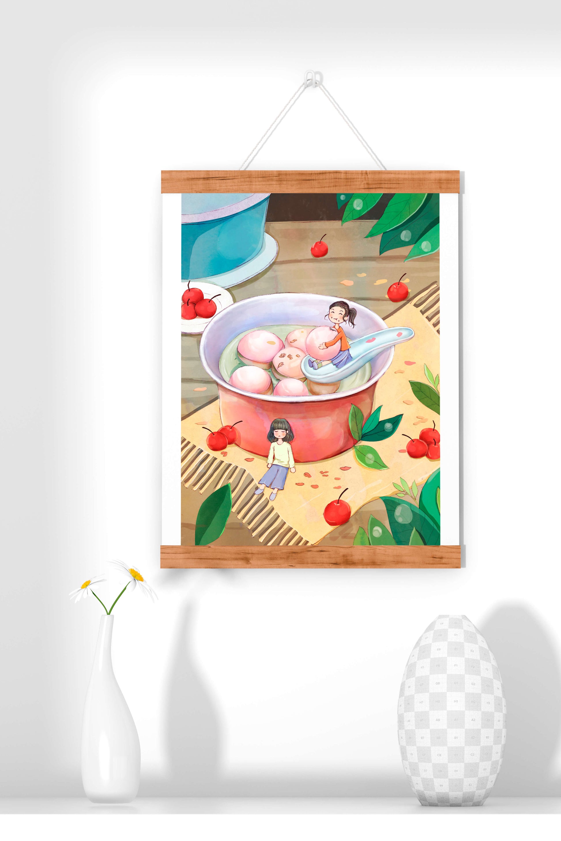 Charming illustration of children with dessert in a whimsical setting