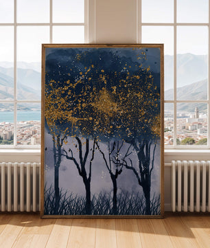 Mystical forest landscape with gold splatter art