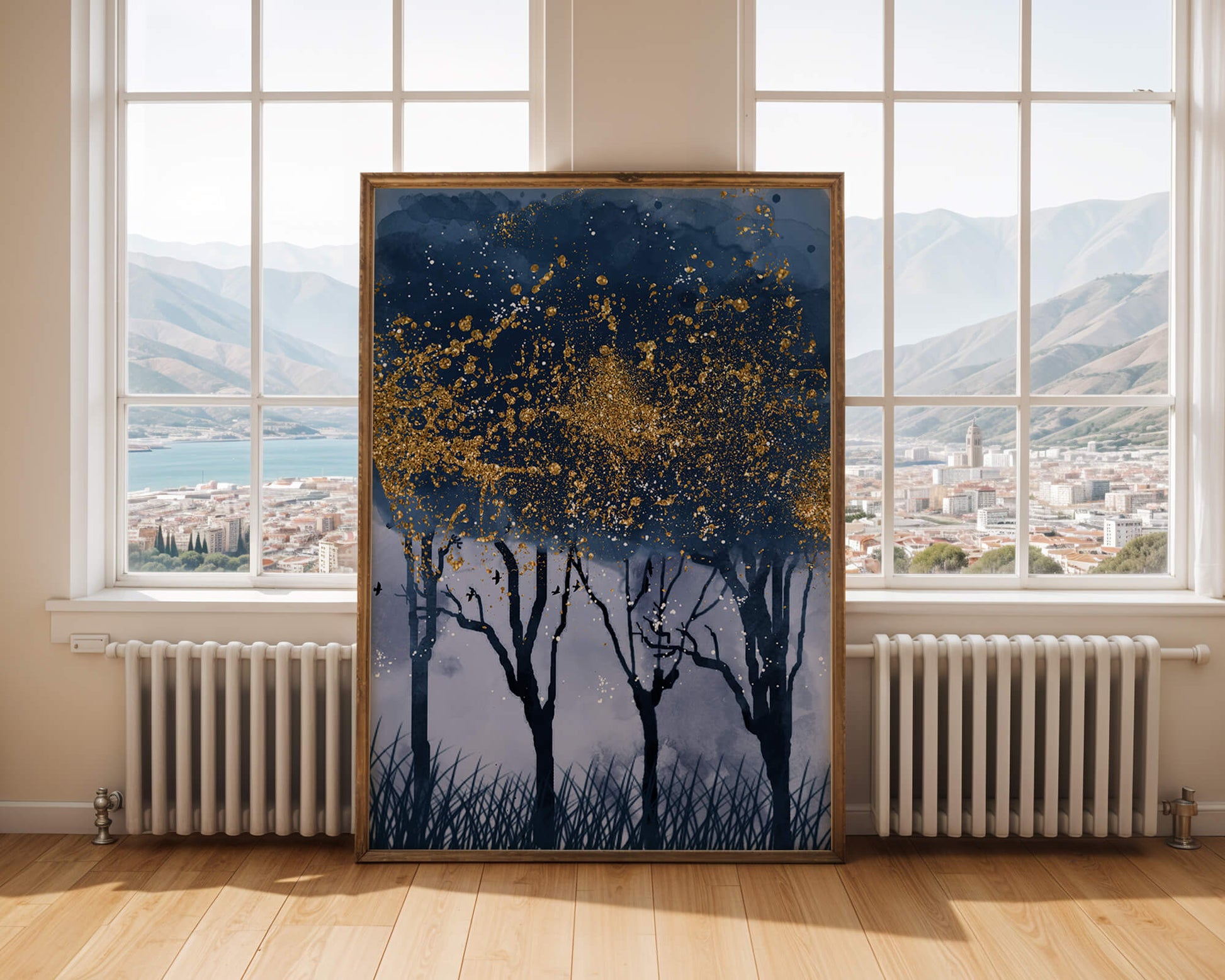 Mystical forest landscape with gold splatter art