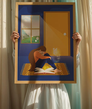 Woman sitting with an open magical book and a fairy in a room