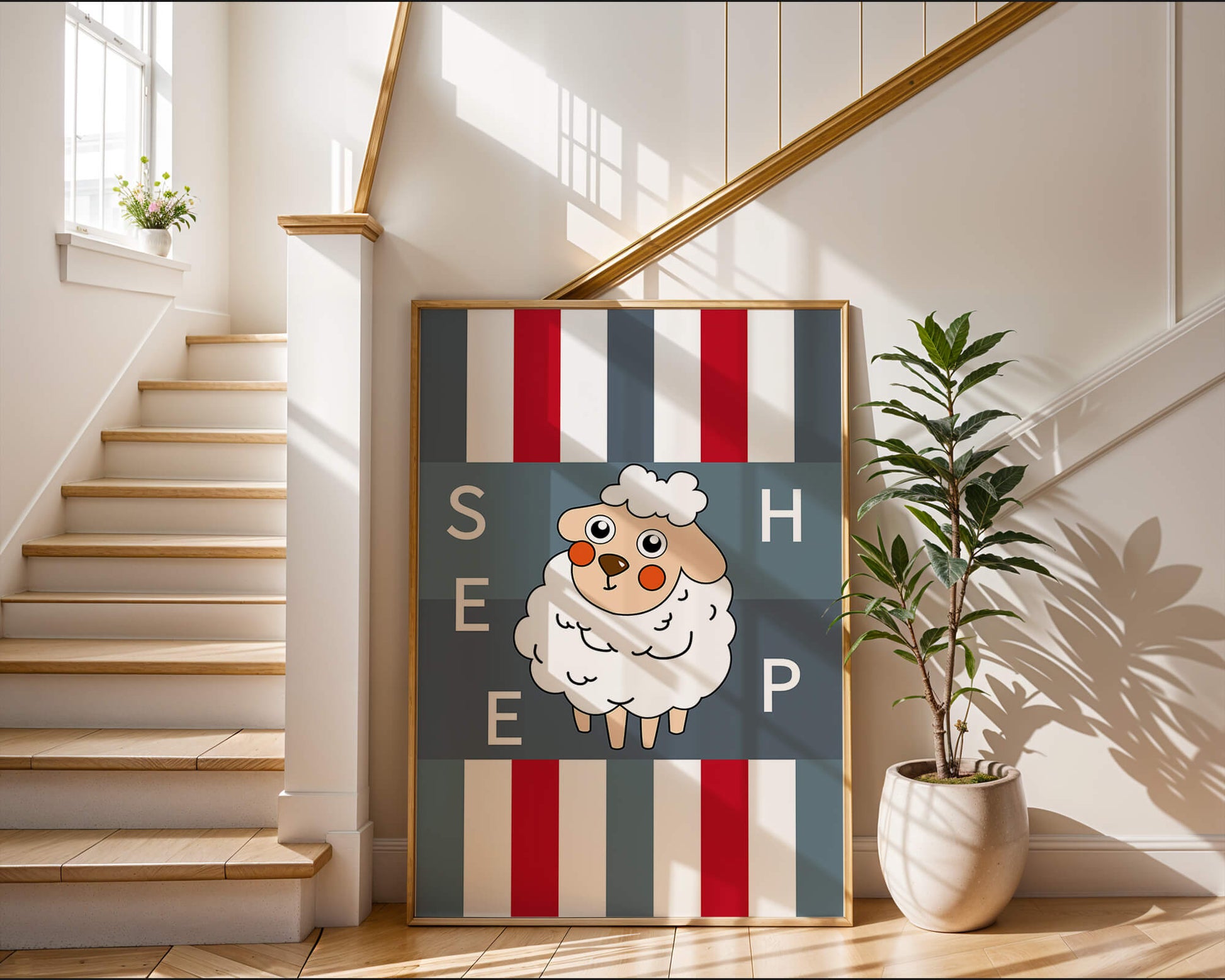 Playful sheep illustration on striped background