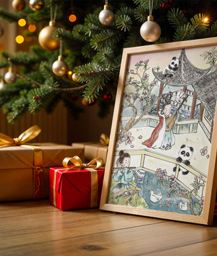 Tranquil Asian Garden Scene with Pandas and Blossoms