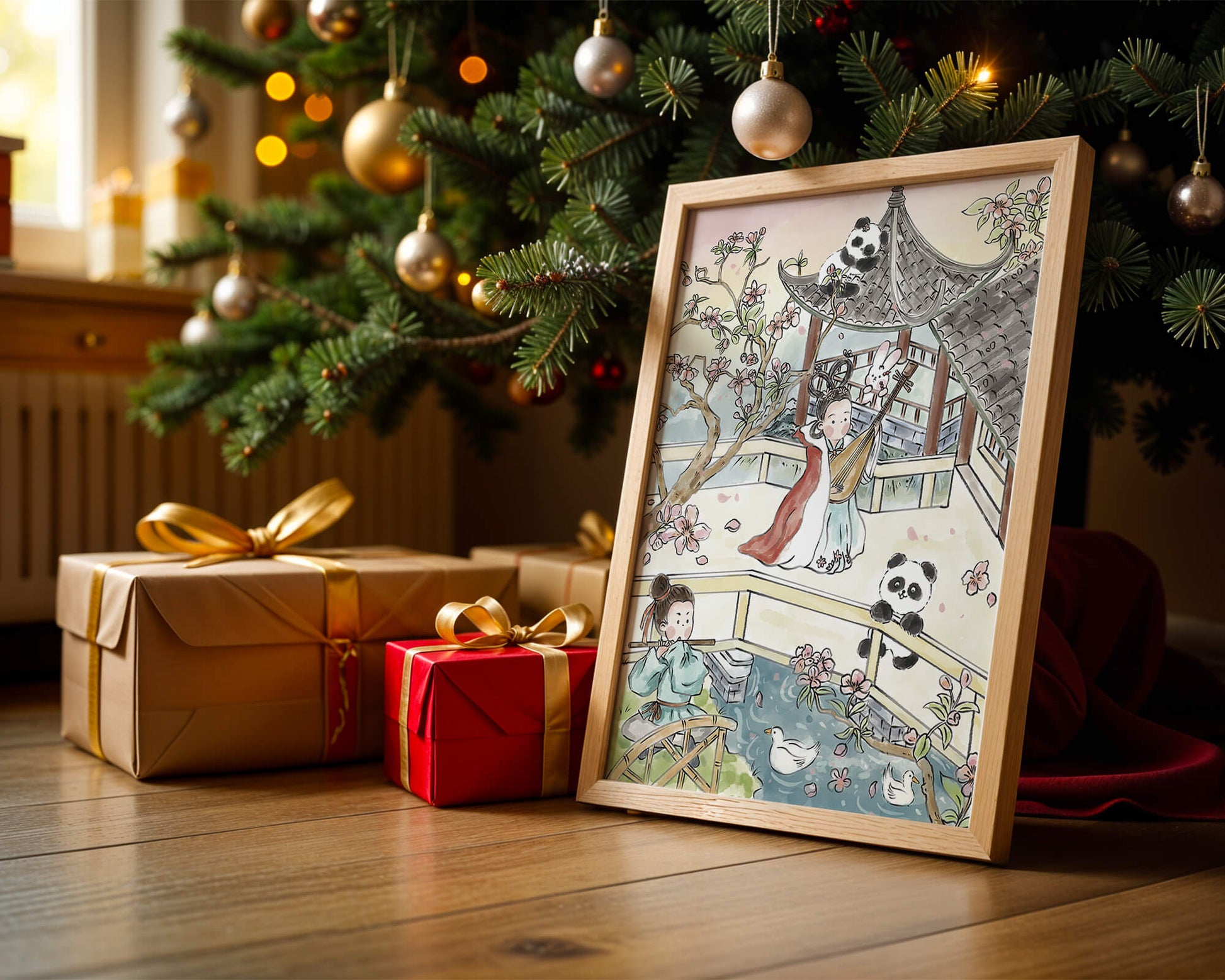 Escena tranquila de jardín asiático con pandas y flores