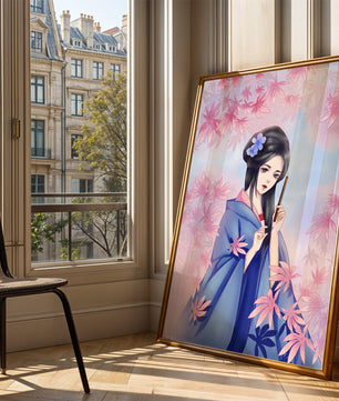 Ilustración elegante de una geisha con kimono azul y hojas rosadas