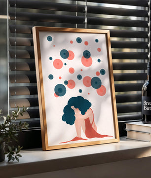 Abstract Illustration of a Woman with Curly Blue Hair Surrounded by Colorful Circles - Mi tienda