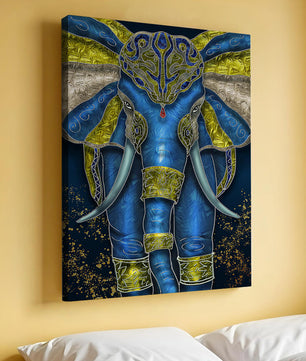 Blue and gold ornate elephant with intricate patterns