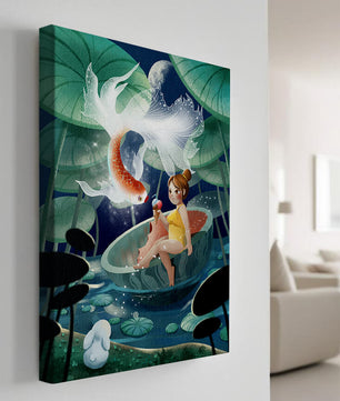Illustration imaginative d'une fille avec un poisson et un lapin sous des nénuphars illuminés par la lune